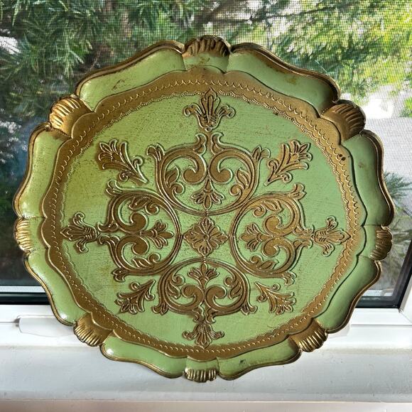 Vintage Italian Florentine Green & Gold Round Tray 15.5” Made in Italy - Picture 1 of 11